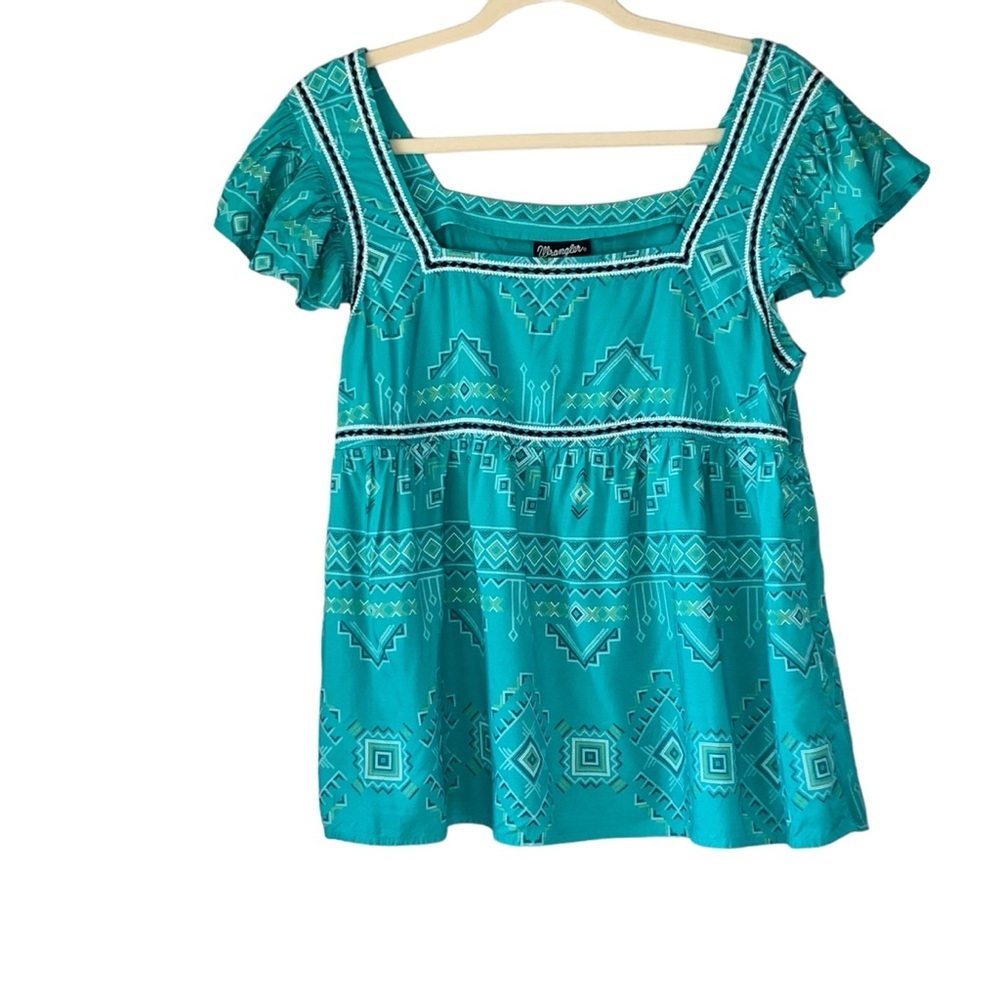 Wrangler Retro teal flutter sleeve Aztec blouse. Size M